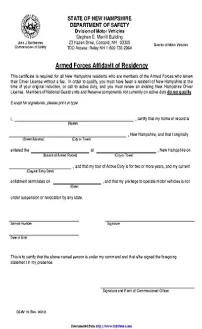 New Hampshire Armed Forces Affidavit Of Residency Form