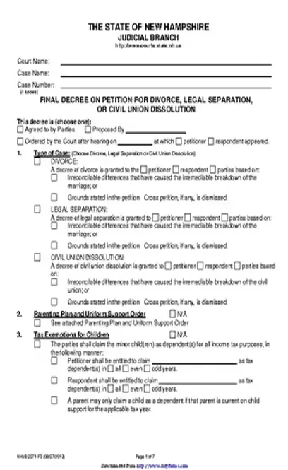 New Hampshire Final Decree On Divorce Or Legal Separation Form