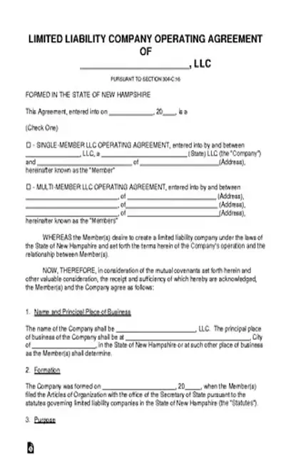 New Hampshire Llc Operating Agreement Template