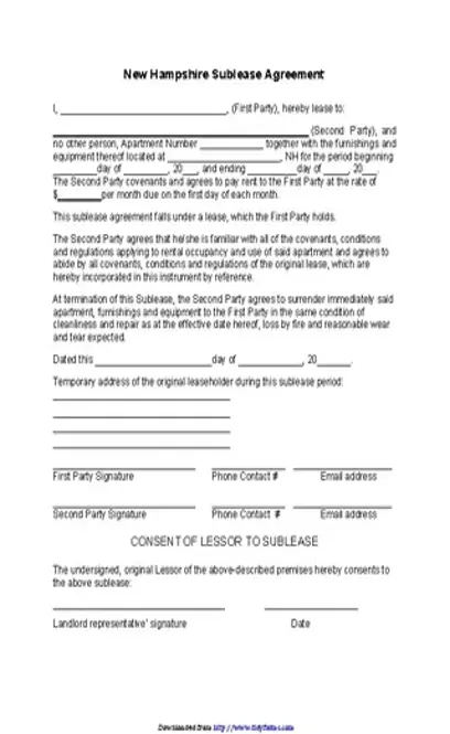 New Hampshire Sublease Agreement Form