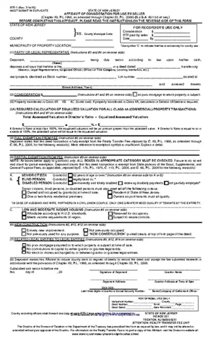 New Jersey Affidavit Of Consideration For Use By Seller