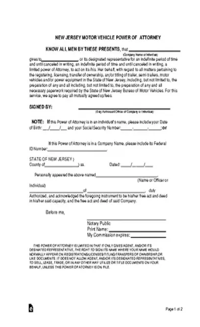 New Jersey Motor Vehicle Power Of Attorney Form