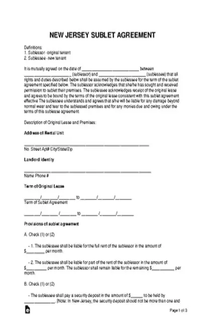 New Jersey Sublease Agreement Form