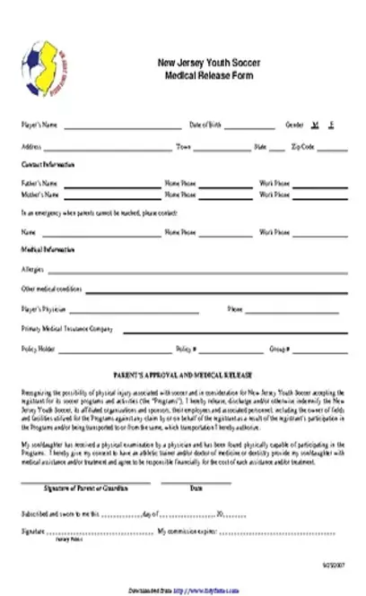 New Jersey Youth Soccer Medical Release Form