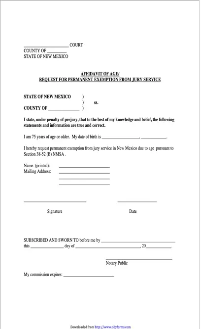 New Mexico Affidavit Of Age Request For Permanent Exemption From Jury Service Form