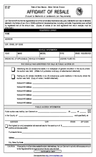 New Mexico Affidavit Of Resale Form