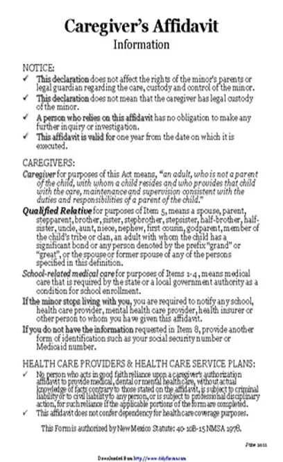 New Mexico Caregivers Authorization Affidavit Form