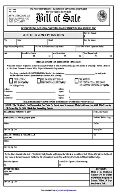 New Mexico Motor Vehicle Bill Of Sale Form