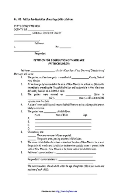 New Mexico Petition For Dissolution Of Marriage With Children Form