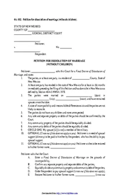 New Mexico Petition For Dissolution Of Marriage Without Children Form