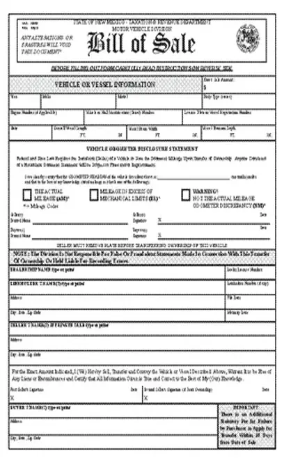 New Mexico Vehicle Vessel Bill Of Sale Mvd10009