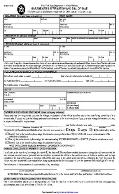 New York Motor Vehicle Bill Of Sale Form