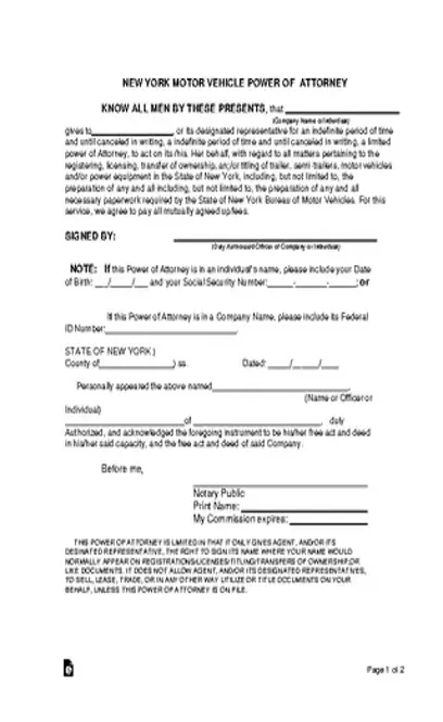 New York Motor Vehicle Power Of Attorney Form