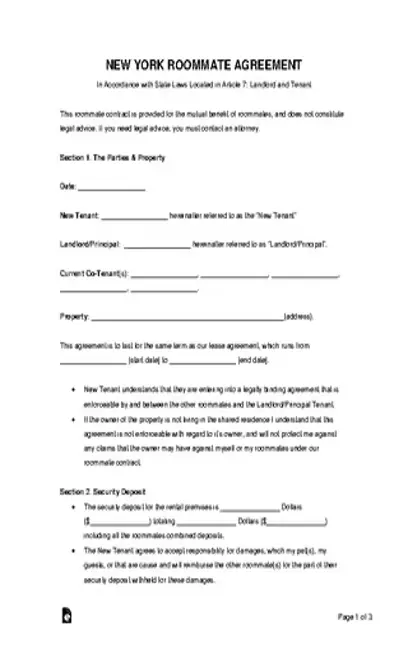 New York Roommate Agreement Template