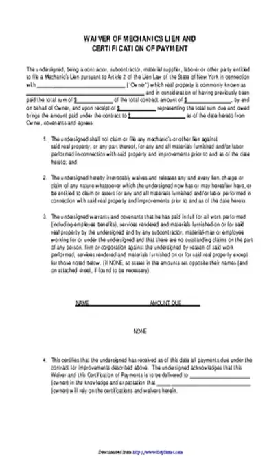 New York Waiver Of Mechanics Lien