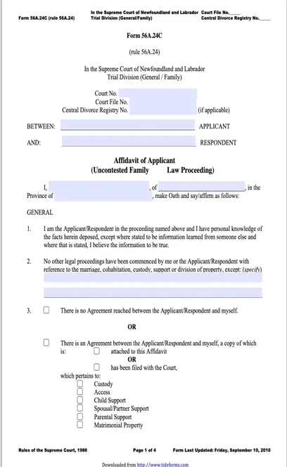 Newfoundland And Labrador Affidavit Of Applicant Respondent Uncontested Family Law Proceeding Form