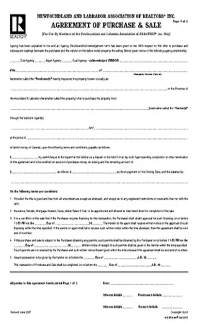 Newfoundland And Labrador Agreement Of Purchase And Sales Form 2