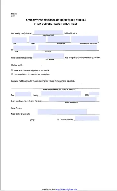 North Carolina Affidavit For Removal Of Registered Vehicle From Registration Files