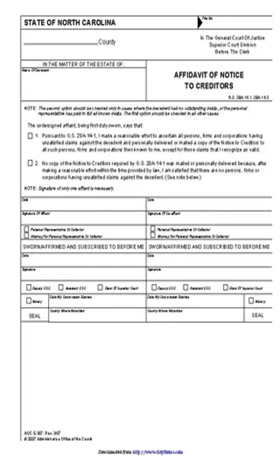 North Carolina Affidavit Of Notice To Creditors