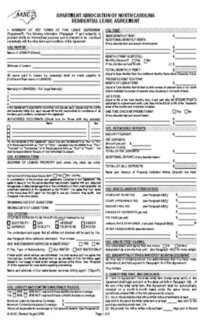 North Carolina Apartment Association Residential Lease Agreement Form