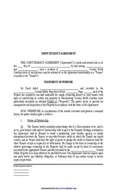 North Carolina Joint Tenant Agreement Form