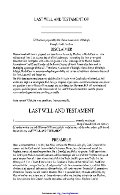 North Carolina Last Will And Testament Form