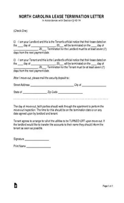 North Carolina Lease Termination Letter Form