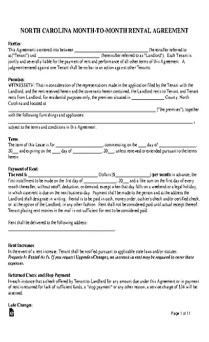 North Carolina Month To Month Rental Agreement Form