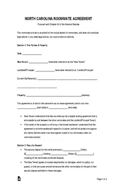 North Carolina Roommate Agreement Template