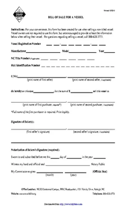 North Carolina Vessel Bill Of Sale Form