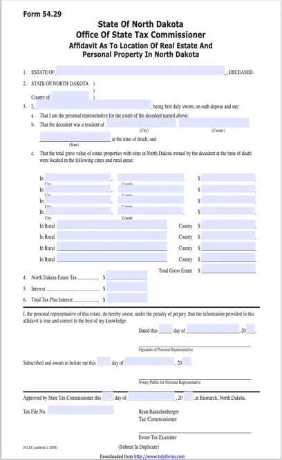 North Dakota Affidavit As To Location Of Real Estate And Personal Property Form