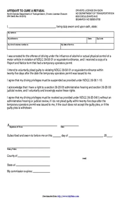 North Dakota Affidavit To Cure A Refusal Form