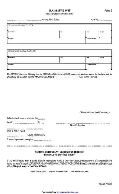 North Dakota Claim Affidavit Form