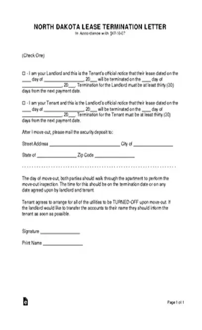 North Dakota Lease Termination Letter Form