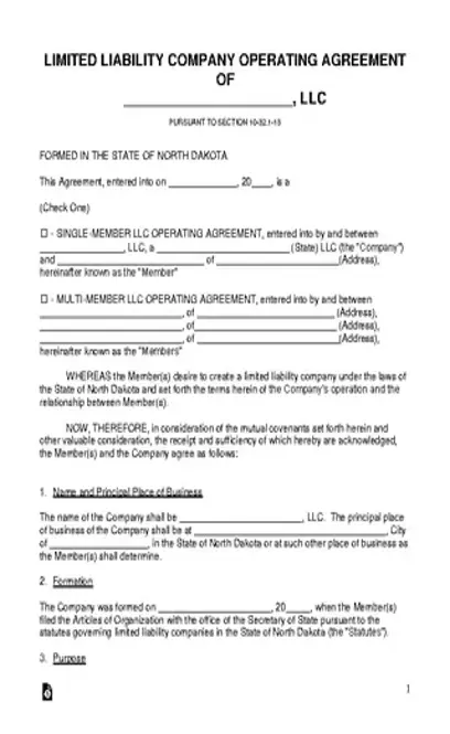 North Dakota Llc Operating Agreement Template