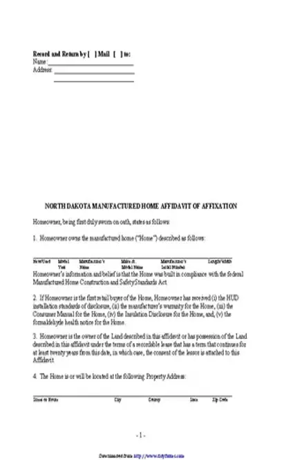 North Dakota Manufactured Home Affidavit Of Affixation Form