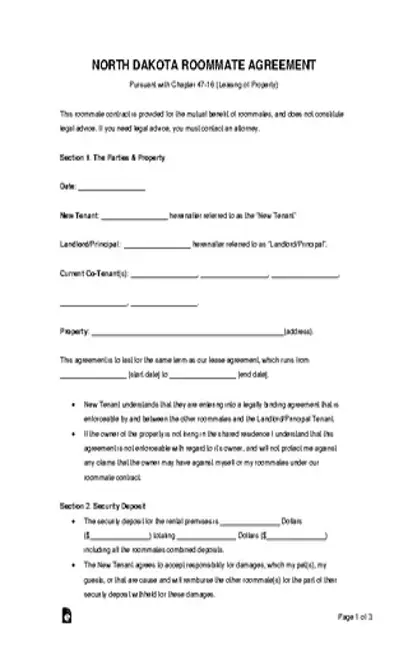 North Dakota Room Rental Agreement Form