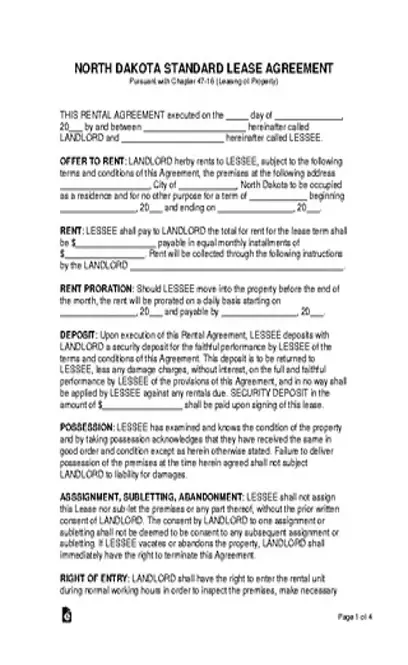 North Dakota Standard Rental Agreement Template