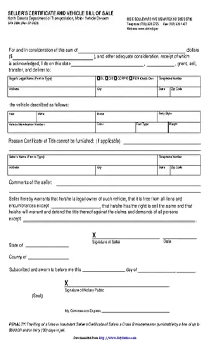 North Dakota Vehicle Bill Of Sale Form