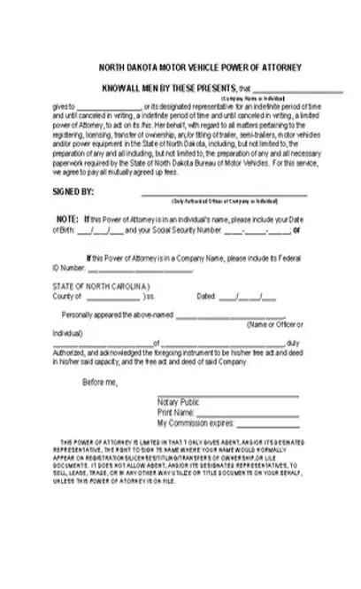 North Dakota Vehicle Power Of Attorney Form