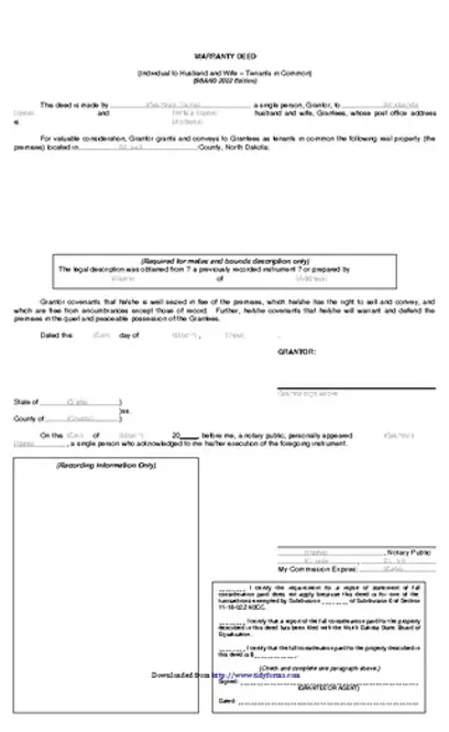 North Dakota Warranty Deed Individual To Husband And Wife Tenants In Common