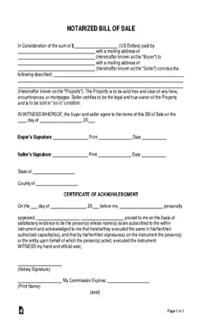 Notarized Bill Of Sale Form