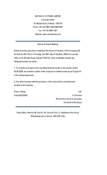 Notice Of Board Meeting Template