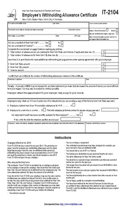 Ny It 2104 Employees Withholding Allowance Form