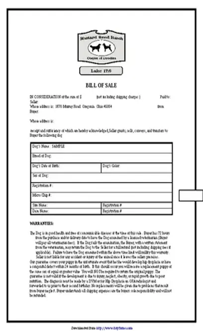 Ohio Animal Bill Of Sale Form