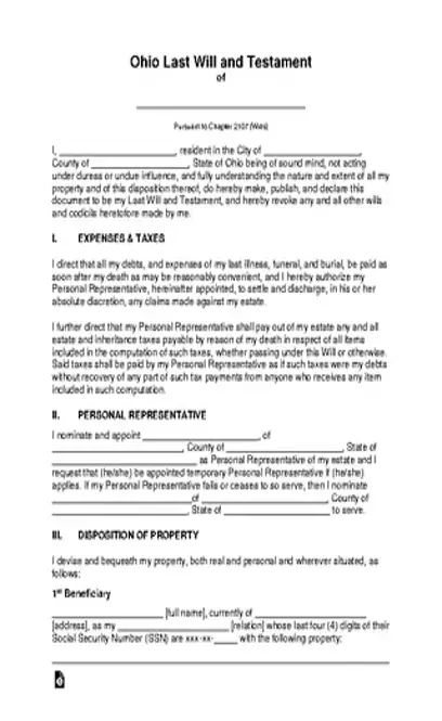 Ohio Last Will And Testament Template