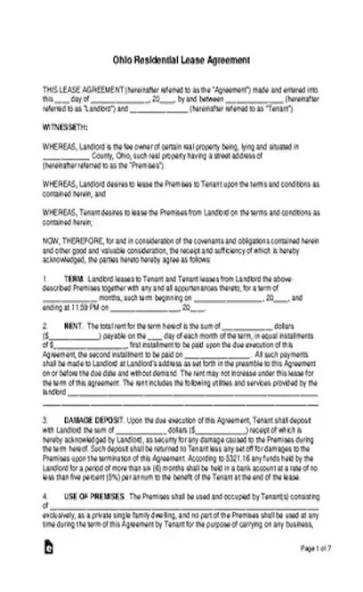 Ohio Standard Residential Lease Agreement Form