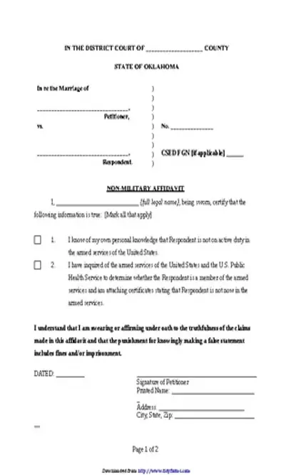 Oklahoma Non Military Affidavit Form