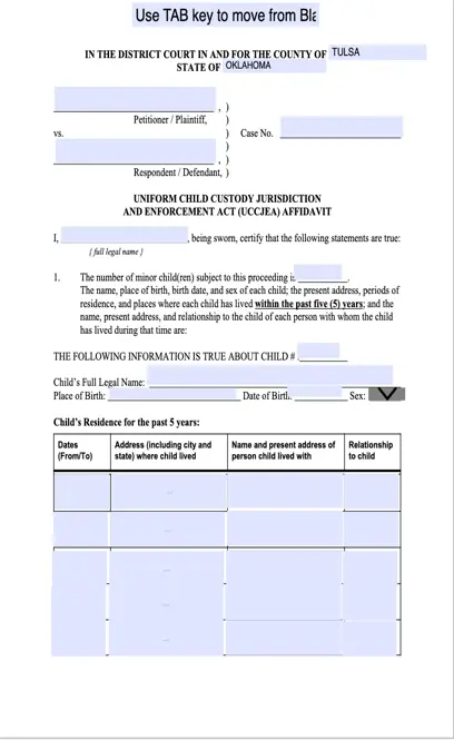 Oklahoma Uniform Child Custody Jurisdiction And Enforcement Act Affidavit Form