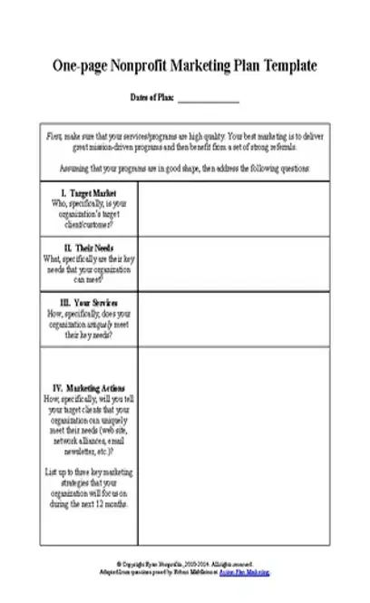 One Page Nonprofit Marketing Plan Template